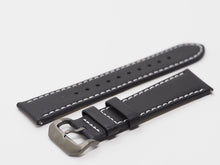 Load image into Gallery viewer, Black Calf Leather Strap with White Stitching and Gunmetal Buckle Side
