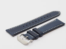 Load image into Gallery viewer, Blue Calf Leather Strap with Beige Stitching and SS Buckle Side
