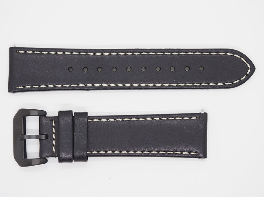 Black Calf Leather Strap with Beige Stitching and Black Buckle Front 