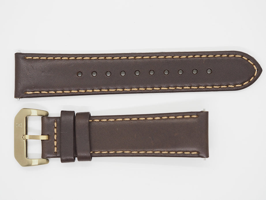 Dark Brown Calf Leather Strap with Brown Stitching and Bronze Buckle Front